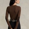 Camisetas marrones de manga larga con ribete de ante acanalado de Ralph Lauren para mujer