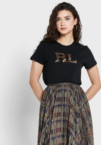 Camisetas negras de cuello redondo con logotipo de Ralph Lauren para mujer