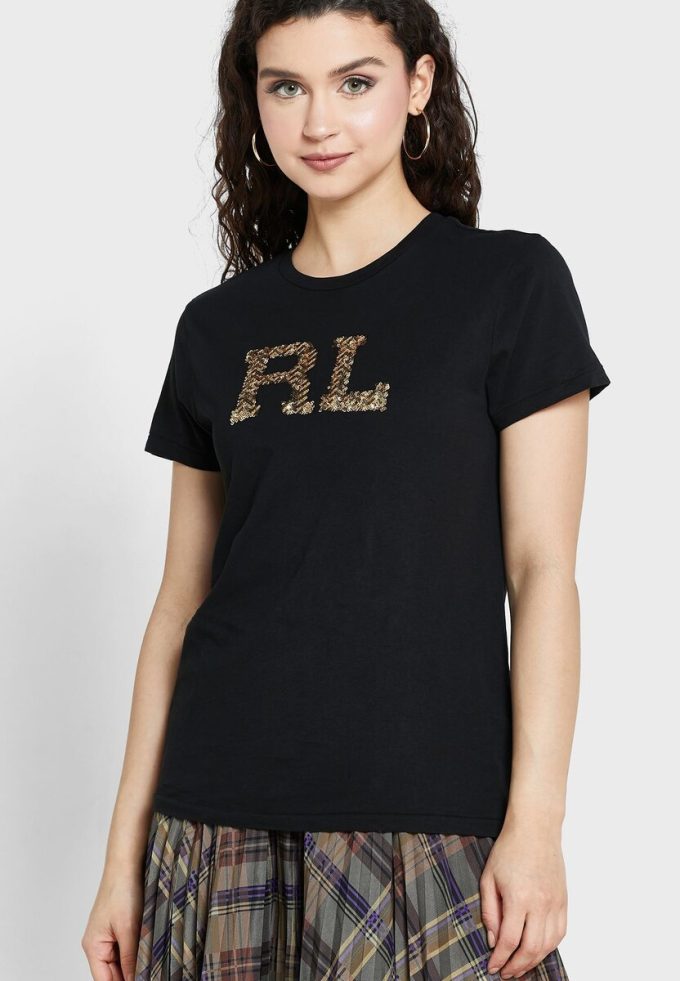 Camisetas negras de cuello redondo con logotipo de Ralph Lauren para mujer Camisetas negras de cuello redondo con logotipo de Ralph Lauren para mujer