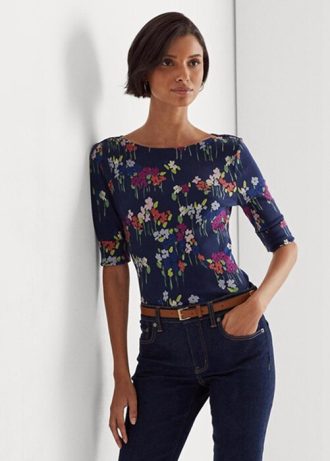 Camisetas Ralph Lauren de algodón elástico con cuello barco y estampado floral multicolor para mujer