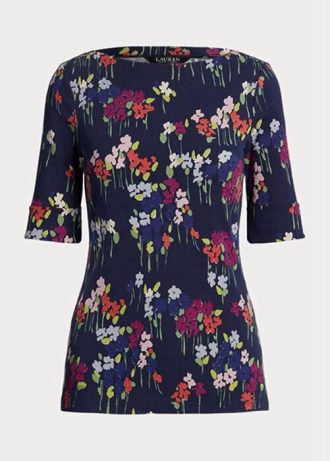 Camisetas Ralph Lauren de algodón elástico con cuello barco y estampado floral multicolor para mujer
