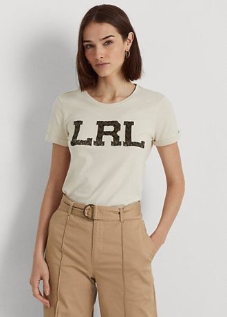 Camisetas Ralph Lauren de jersey con logotipo de cuentas en color crema para mujer Camisetas Ralph Lauren de jersey con logotipo de cuentas en color crema para mujer
