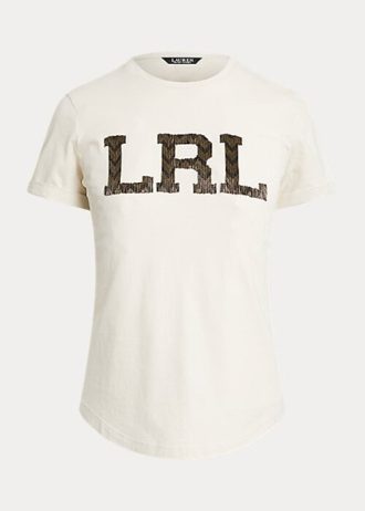 Camisetas Ralph Lauren de jersey con logotipo de cuentas en color crema para mujer Camisetas Ralph Lauren de jersey con logotipo de cuentas en color crema para mujer