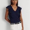 Camisetas Ralph Lauren de punto acanalado con ribete de volantes para mujer en azul marino