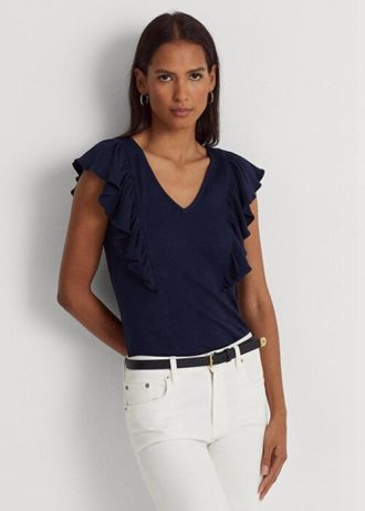 Camisetas Ralph Lauren de punto acanalado con ribete de volantes para mujer en azul marino Camisetas Ralph Lauren de punto acanalado con ribete de volantes para mujer en azul marino