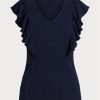 Camisetas Ralph Lauren de punto acanalado con ribete de volantes para mujer en azul marino