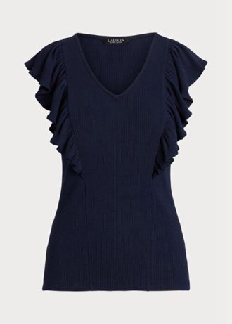 Camisetas Ralph Lauren de punto acanalado con ribete de volantes para mujer en azul marino Camisetas Ralph Lauren de punto acanalado con ribete de volantes para mujer en azul marino