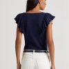 Camisetas Ralph Lauren de punto acanalado con ribete de volantes para mujer en azul marino