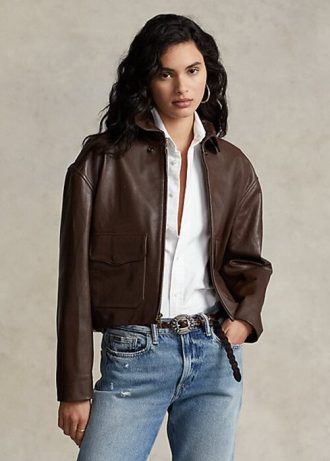 Chaquetas bomber de cuero recortadas Ralph Lauren para mujer en color marrón