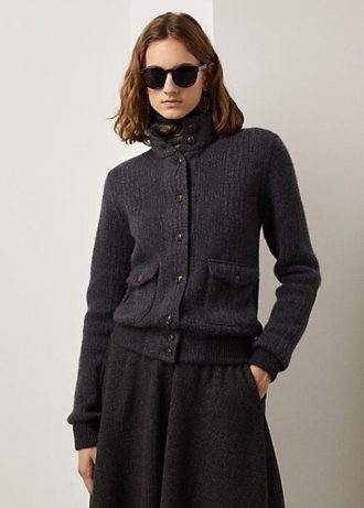 Chaquetas de cachemira Ralph Lauren Glen Plaid gris oscuro para mujer