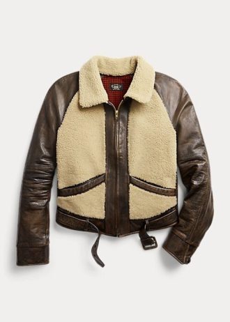 Chaquetas de piel de oveja con paneles de Ralph Lauren para mujer, color negro y crema Chaquetas de piel de oveja con paneles de Ralph Lauren para mujer, color negro y crema