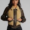Chaquetas de piel de oveja con paneles de Ralph Lauren para mujer, color negro y crema Chaquetas de piel de oveja con paneles de Ralph Lauren para mujer, color negro y crema