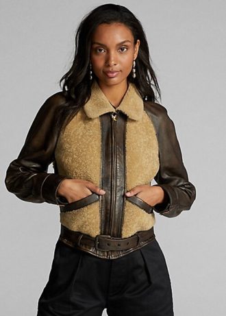 Chaquetas de piel de oveja con paneles de Ralph Lauren para mujer, color negro y crema Chaquetas de piel de oveja con paneles de Ralph Lauren para mujer, color negro y crema