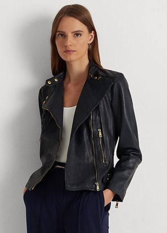 Chaquetas moteras de cuero abatanado Ralph Lauren para mujer en color azul marino