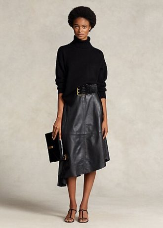 Faldas circulares asimétricas de piel de cordero Ralph Lauren para mujer, color negro