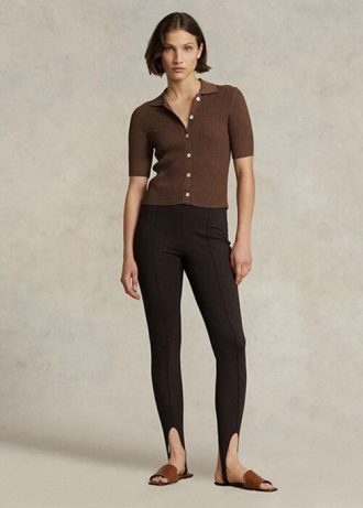 Leggings Ralph Lauren con cremallera lateral elástica y estribo para mujer, color marrón