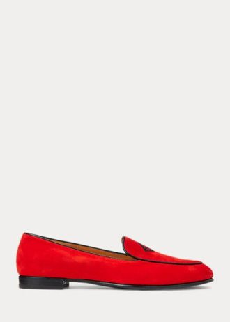 Mocasines Ralph Lauren Laurel de ante de cabra bordados para mujer en rojo
