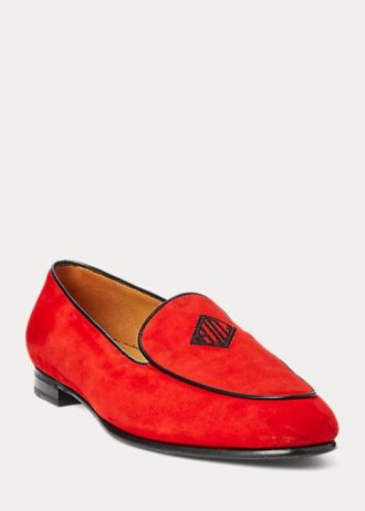 Mocasines Ralph Lauren Laurel de ante de cabra bordados para mujer en rojo