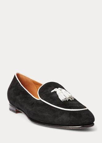 Mocasines Ralph Lauren Laurel de ante de cabra con borlas para mujer en beige y blanco
