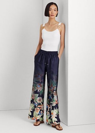 Pantalones anchos de charmeuse floral Ralph Lauren para mujer en azul marino