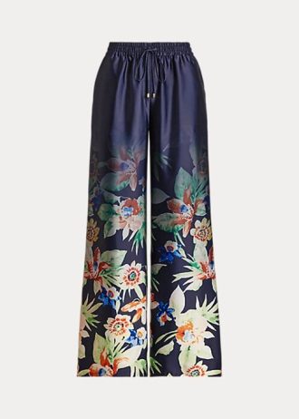 Pantalones anchos de charmeuse floral Ralph Lauren para mujer en azul marino