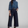 Pantalones anchos de mezclilla de algodón y lino Ralph Lauren para mujer en color azul marino
