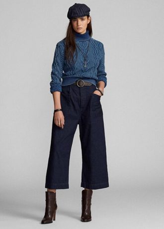Pantalones anchos de mezclilla de algodón y lino Ralph Lauren para mujer en color azul marino
