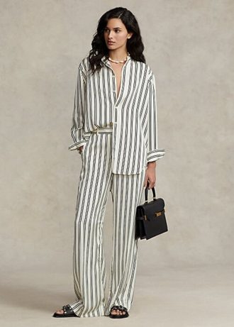 Pantalones anchos de satén a rayas Ralph Lauren para mujer, color negro y crema