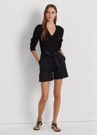 Pantalones cortos de lino con cinturón Ralph Lauren para mujer, color negro