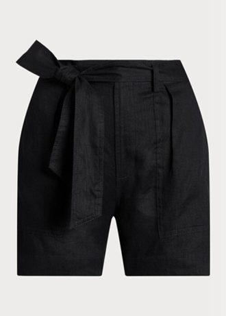 Pantalones cortos de lino con cinturón Ralph Lauren para mujer, color negro