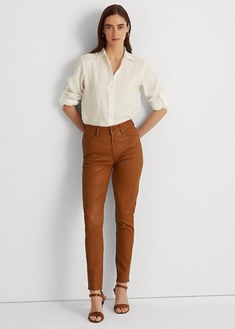 Pantalones de cuero Ralph Lauren de tiro alto y ajustados hasta el tobillo para mujer en color marrón