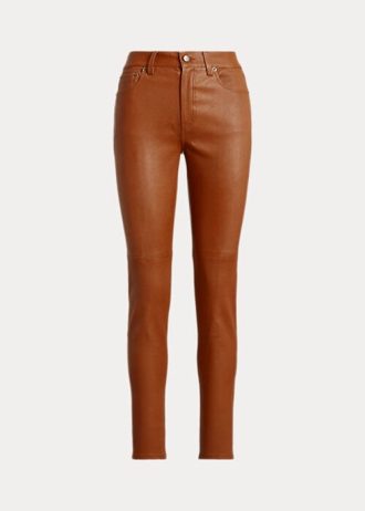 Pantalones de cuero Ralph Lauren de tiro alto y ajustados hasta el tobillo para mujer en color marrón
