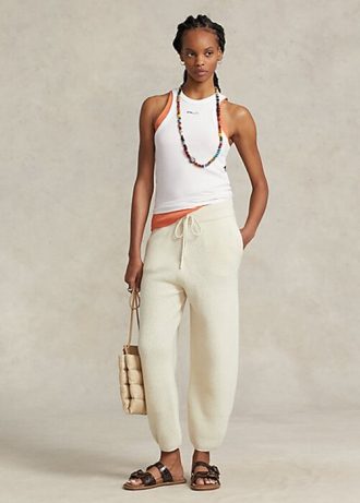 Pantalones de suéter de lana y cachemira de punto acanalado Ralph Lauren para mujer en color crema
