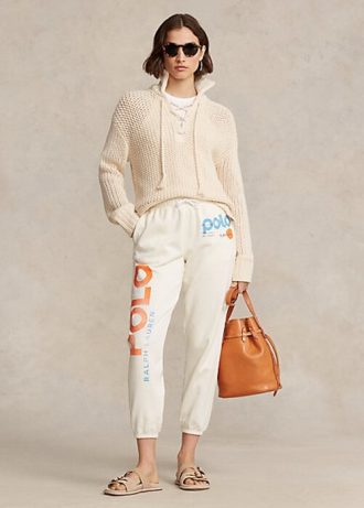 Pantalones deportivos de polar con estampado de ondas y logotipo de Ralph Lauren para mujer en color crema Pantalones deportivos de polar con estampado de ondas y logotipo de Ralph Lauren para mujer en color crema