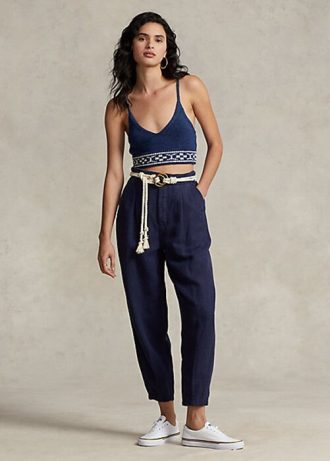 Pantalones plisados  de sarga de lino Ralph Lauren para mujer, color azul marino