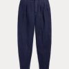 Pantalones plisados  de sarga de lino Ralph Lauren para mujer, color azul marino