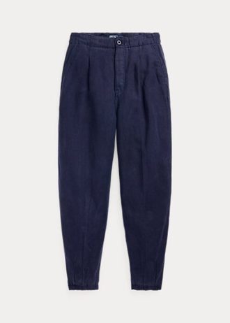 Pantalones plisados  de sarga de lino Ralph Lauren para mujer, color azul marino