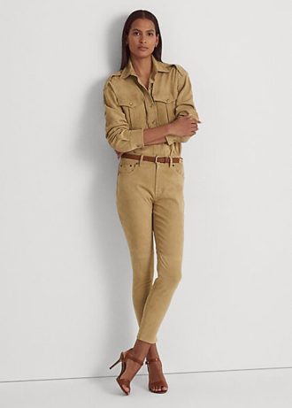 Pantalones tobilleros ajustados de tiro alto de ante color caqui para mujer de Ralph Lauren Pantalones tobilleros ajustados de tiro alto de ante color caqui para mujer de Ralph Lauren