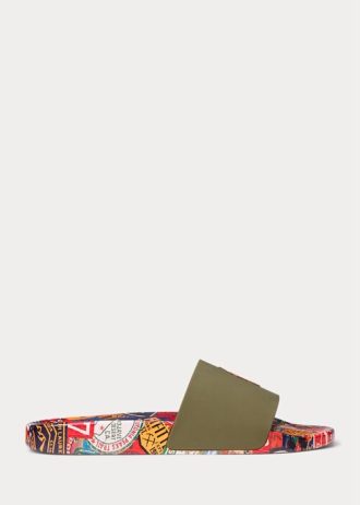 Pantuflas Ralph Lauren con estampado de parches para hombre en color oliva