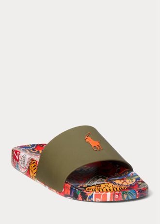 Pantuflas Ralph Lauren con estampado de parches para hombre en color oliva