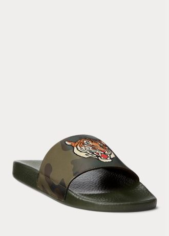 Pantuflas Ralph Lauren de piel con estampado de tigre y camuflaje para hombre en color oliva