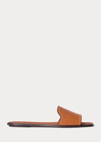 Pantuflas Ralph Lauren de piel vachetta para mujer en color marrón