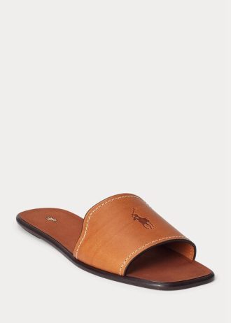 Pantuflas Ralph Lauren de piel vachetta para mujer en color marrón