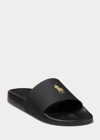 Pantuflas Ralph Lauren Signature Pony para hombre, color negro y dorado