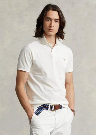 Polos de malla blancos Ralph Lauren de corte entallado para hombre Polos de malla blancos Ralph Lauren de corte entallado para hombre