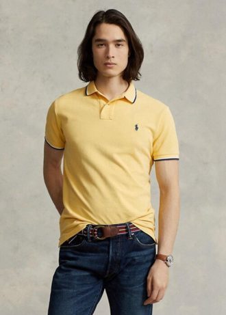 Polos de malla entallados personalizados Ralph Lauren amarillos para hombre Polos de malla entallados personalizados Ralph Lauren amarillos para hombre
