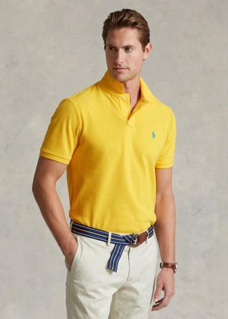 Polos de malla entallados personalizados Ralph Lauren amarillos para hombre Polos de malla entallados personalizados Ralph Lauren amarillos para hombre