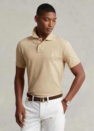 Polos de malla entallados personalizados Ralph Lauren beige para hombre Polos de malla entallados personalizados Ralph Lauren beige para hombre