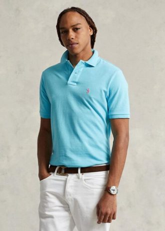 Polos de malla Ralph Lauren de corte entallado personalizados para hombre en azul