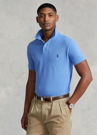 Polos de malla Ralph Lauren de corte entallado personalizados para hombre en azul